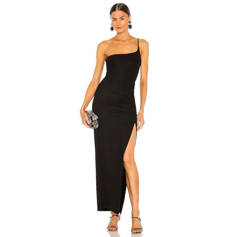 Lovers + Friends Black One-Shoulder Maxi Dress with Side Slit NWT